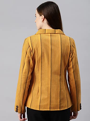 Cottinfab Women Yellow & Black Striped Blazer Single-Breasted