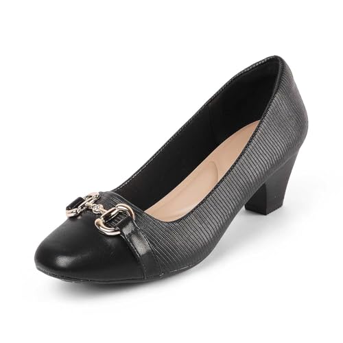 tresmode NOVA Women's Heels Pumps Sandals Pumps Leather Black, 7 UK / 40 EU - Round Toe Ladies Footwear Soft Comfortable Sandals