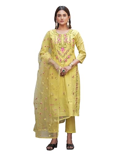 Womanista Women's Pure Cotton Kurta with Trouser & Dupatta (Kurtaset_1414_Yellow