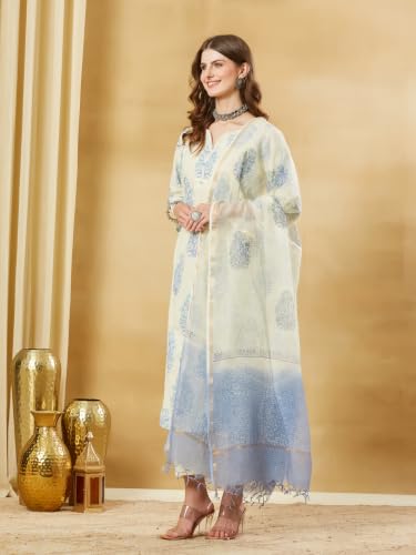 Divena Blue Floral Cotton Round Neck Kurta Sets with Dupatta