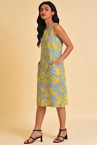 W for Woman Women's Cotton Blue and Yellow Abstract Print Western Dress Above The Knee 23FEW18818-810328