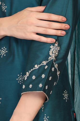 W for Woman Turquoise Embroidered Zari Sequined Straight Silk Blend Kurta with Straight Pant and Dupatta Set (WS13398-126896-M)