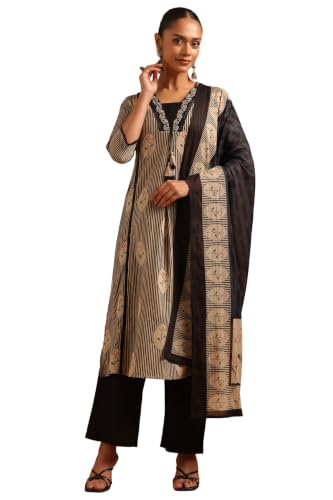 Soch Womens Black Cotton Digital Printed Stripes Machine Weave Block Print Salwar Suit