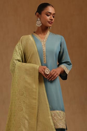 Soch Womens Turquoise Blue Silk Shimmer Solid Suit Set With Mirror Work