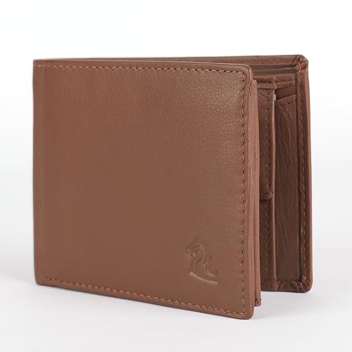 KARA Tan Men's Genuine Leather Wallet – Bifold, 2 Cash Compartments, Coin Pocket, 10+ Card Slots, Hidden & Transparent Flip Sections