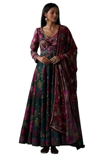 Wishful Women's Green Floral Printed Sequined Yoke Festive Anarkali Dress with Churidar and Dupatta Set (SP12848-126754-XL)