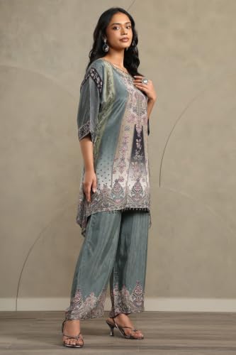 Soch Womens Teal Muslin Ethnic Motifs Printed Co-Ord Set With Beads