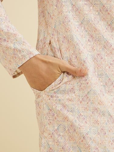 Manyavar Men's Cotton Blend Digital Print|Embroidery Kurta Set (Pink,S)