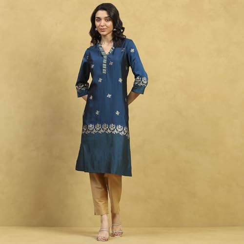 Rangriti Women Blue Polyester Blend Printed Straight Kurta_36