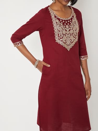 Max Women Yoke Embroidered Straight Kurta (Maroon_S)