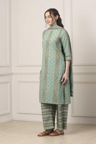 BIBA WOMEN PRINTED NARROW SALWAR KURTA DUPATTA(SKD7519E_SAGE GREEN_32)