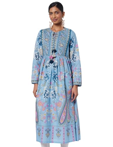 Biba Women Dull Blue Cotton Flared Printed Kurta_38