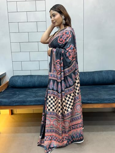 SHANTVAN GALLERY Crepe Silk Sarees for Women Crepe | Designer Printed Women Saree with Unstitched Blouse Piece | Soft Lightweight Crepe Saree (Black Peach Ethnic)