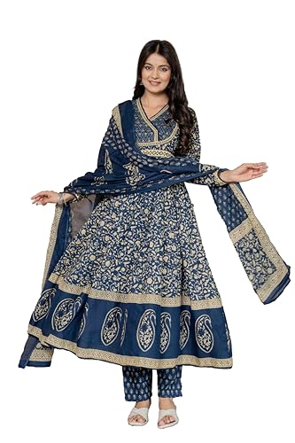 Pistaa's Women's Pure Cotton Anarkali Floral Printed Hand Work Kurta with Pant & Dupatta Set (Royal Midnight Blue, Large)