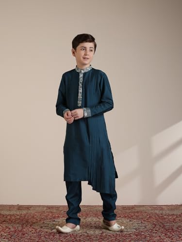 Manyavar Blended Viscose Self Design Kurta Jacket Pyjama Set for Child(6-8 years)