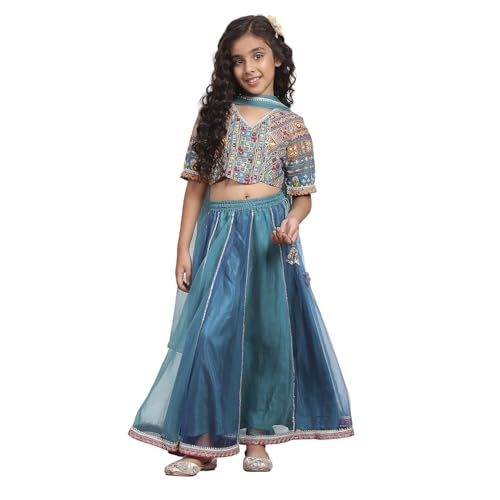 Biba Girls Blue Cotton Printed Kalidar Lehenga Set_4-5Y