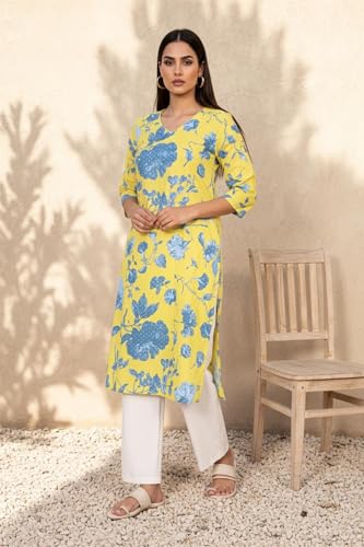 W for Woman Yellow Floral Printed Straight Cotton Kurta (W13510-127083-XL)