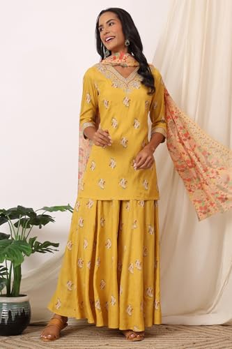 W for Woman Mustard Yellow Printed Short Shantung Kurti, Culottes and Dupatta Set (Size: XS)-WS12644-125062