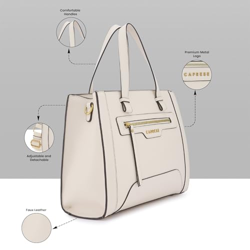 Caprese Cuba Medium Satchel Bag for Women | Elegant Multi-Compartment Handheld & Shoulder Bag with Adjustable & Detachable Strap | Work & Travel Bag with Zipper Closure (Alpine Oat)