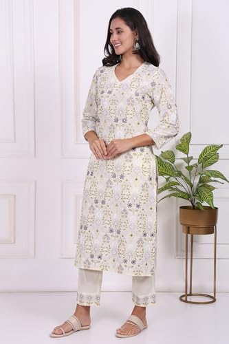 W for Woman White Floral Printed Embroidered Pure Cotton Straight Kurta, Pants and Dupatta Set - (WS12421-401366-XS)