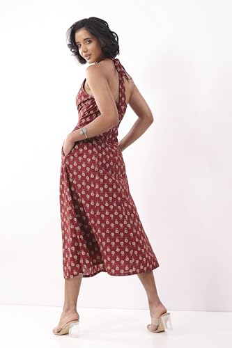 Biba Nxt Women Maroon Cotton Printed A Line Dress_30