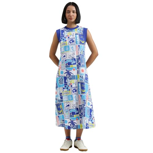 United Colors of Benetton Round Neck Printed Dress (Size : XS) - 26P3BL0DV01RG902 Blue