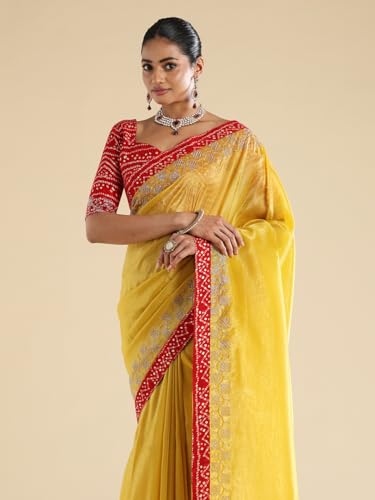 AKHILAM Women's Yellow Tissue Embellished Embellished Saree With Unstitched Blouse Piece (ANIKA3901_AG)