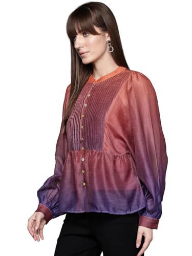 Label RITU KUMAR Band Collar Full Sleeves Ombre Top with Inner Purple