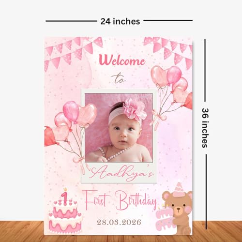 Party Perfect Designs Customizable 1st Birthday Welcome Sign for Girls - Pink Watercolor Balloons & Teddy Bear Design - Personalized Birthday Party Entrance Board with Photo - Pink, Vinyl Pasted, 4 Sizes, First Birthday Theme