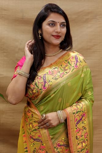 AMIRAT Women's Paithani Silk Woven Zari Saree With Blouse Piece (perrot Green)