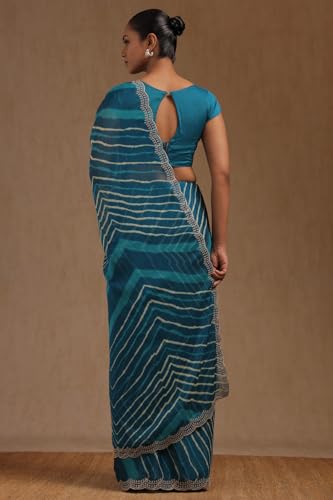 Soch Womens Teal Blue Georgette Leheriya Print Saree With Thread Work
