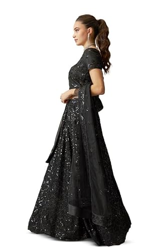 Soch Womens Black Net All-Over Sequin Embellished Unstitched Lehenga Set with Belt