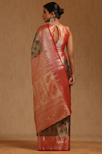 Soch Womens Olive Silk Blend Botanical Zari Woven Saree