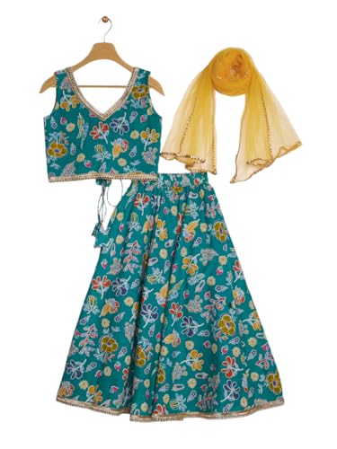 studio rasa Girls Cotton Printed Embellished Bias Lehenga Set for Festive Wedding Party(GLC62502/13-14_Green_13-14 Y)