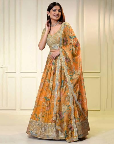 JIHU CULTURE Women's Organza Digital Print with Sequence Zari Embroidery Work Semi-stitched Lehenga Choli With Dupatta (Orange), 44