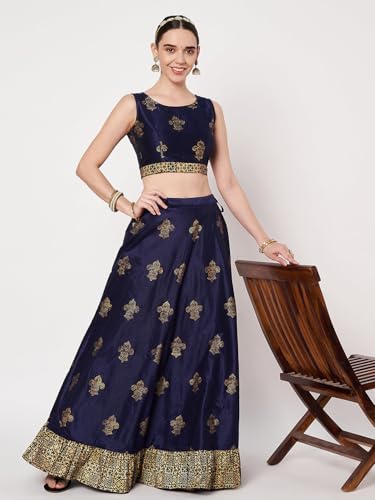 studio rasa Women's Dupion Block Printed Ruffle Bias Skirt for Wedding Festive Party(SKTC62507XL_Navyblue_X-Large)