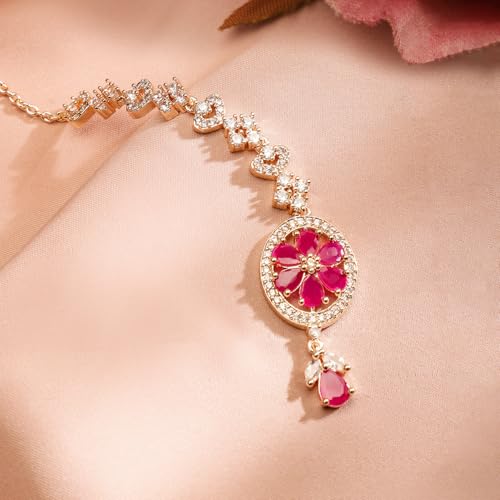 Rubans 18K Rose Gold Plated Pink & White Zircon Studded Handcrafted Maang Tikka for Women & Girls Oval Shaped Centerpiece, Perfect for Any Occasion