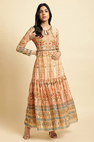 W for Woman Women's Polyester Beige Printed Tiered Dress with Embroidery Calf Length (23FEW11052-118561_Rust_6)