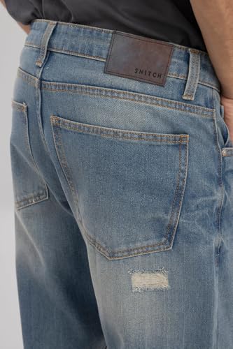SNITCH Men Jeans | Baggy Fit with Distressed Design & Raw Cuffs | 100% Cotton Fabric for Streetwear & Summer Casuals |Blue