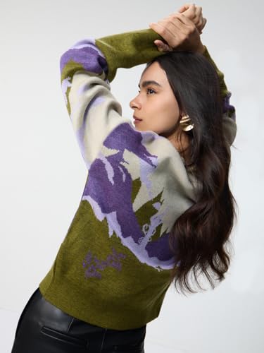 The Souled Store Lilac Sun Landscape Women and Girls Full Sleeves Round Neck Green Printed Acrylic Oversized Fit Lightweight Casual Pullover Sweater