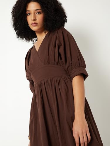 Max Women Textured A-line Midi Dress (Brown_XS)