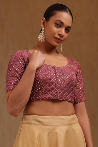 Soch Womens Onion Pink Georgette Embroidered Padded Blouse with Faux Mirror