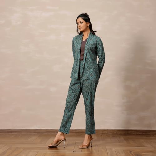 VIVIKA Cotton Blazer Co-ord Set for Women | 3 Piece Formal Outfit with Blazer Top Pants | Stylish Western Clothing Set for Office Party and Smart Wear_Pastel Blue_M