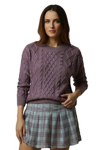 Women Purple Textured Round Neck Casual Sweater