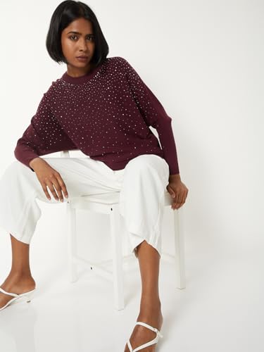 Max Women Embellished Sweater (Maroon_L)