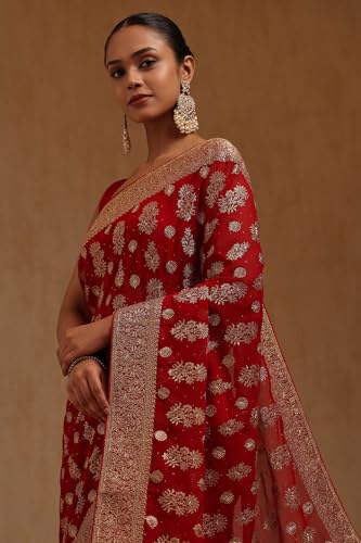 Soch Womens Red Georgette Embroidered Saree With Stone Work