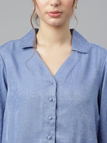 Latin Quarters Women Blue 3/4 Sleeve Collared Solid Shirt_M