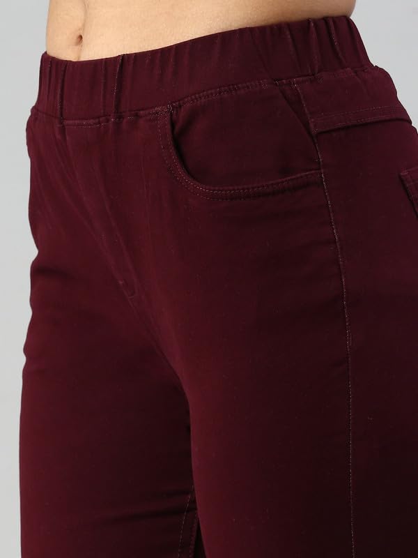 De Moza Women Jegging Woven Bottom Solid Cotton Wine