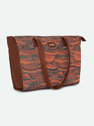 ZOUK Pithora Artistry Abstract Printed Women Jute Vegan Leather Space Blue Office Tote Bag for Ladies With Laptop Compartment