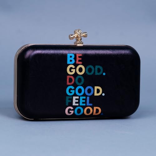 Artklim Black Based Quirky Caption Printed Leatherette Clutch Bag for Women